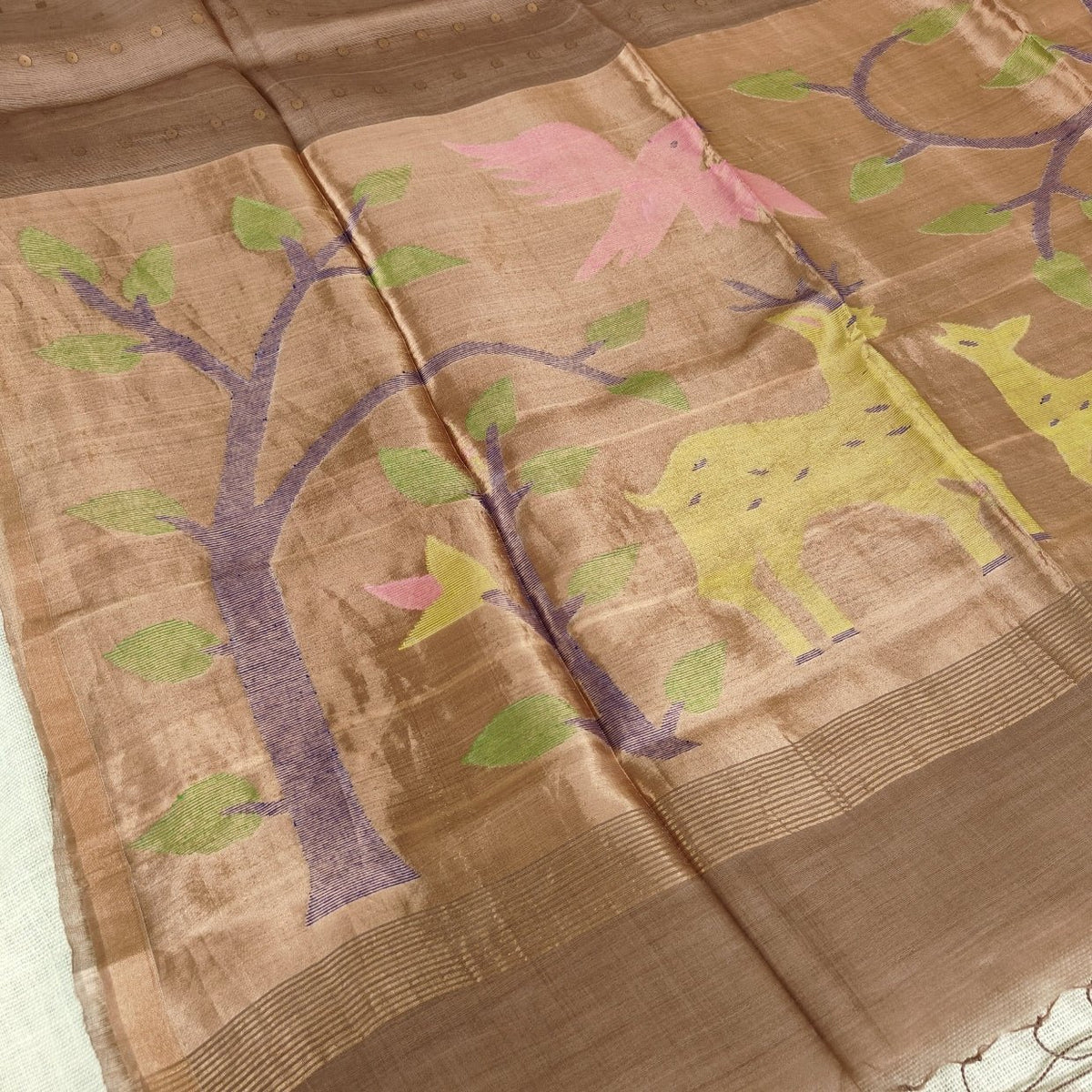 Chocolate Brown Pure Muslin Sequin Paithani Pallu Saree - Vini's Ethnic