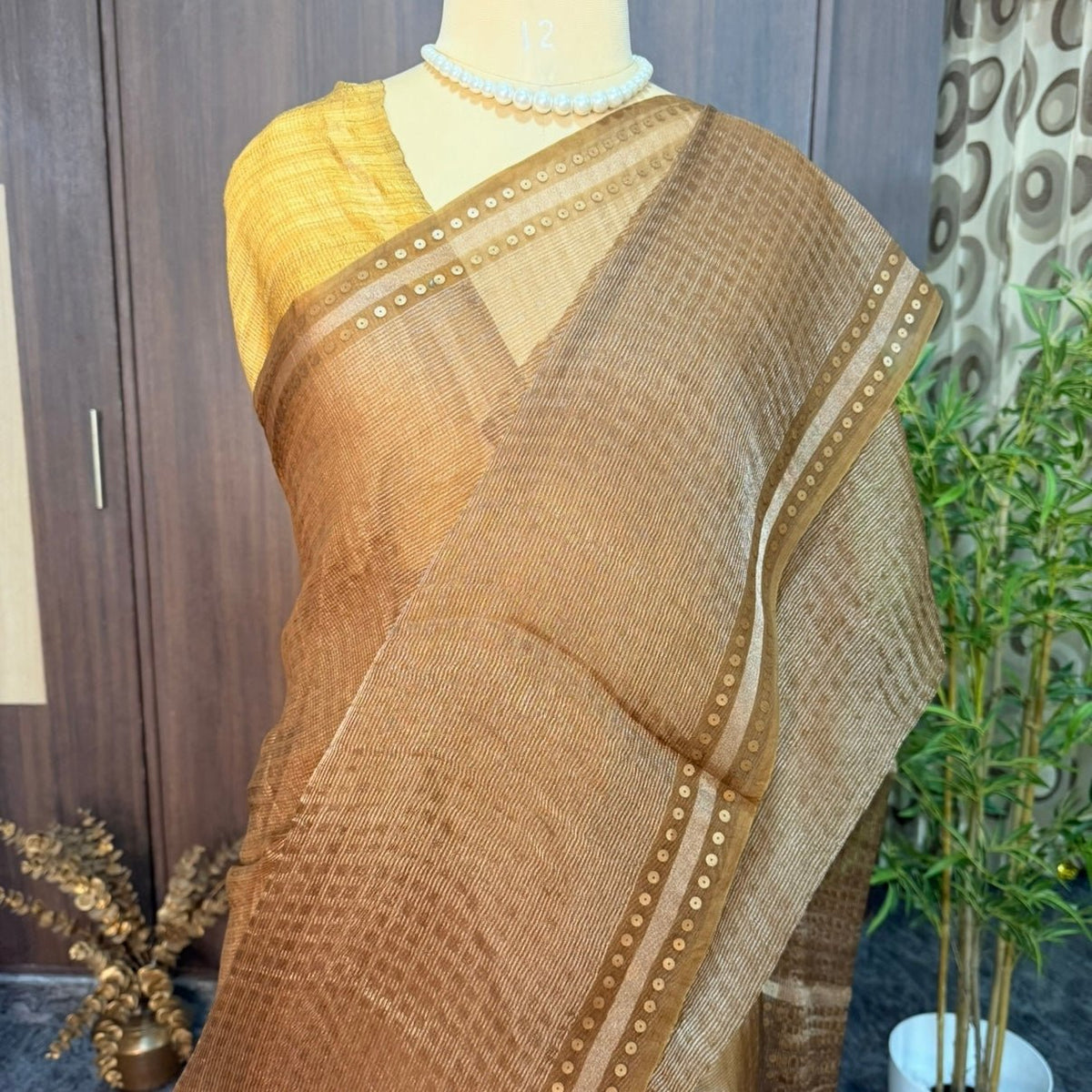 Chocolate Brown Pure Muslin Tissue Sequin Saree - Vini's Ethnic