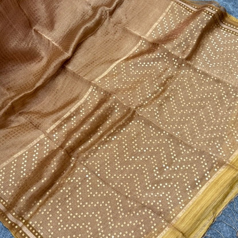 Chocolate Brown Pure Muslin Tissue Sequin Saree - Vini's Ethnic