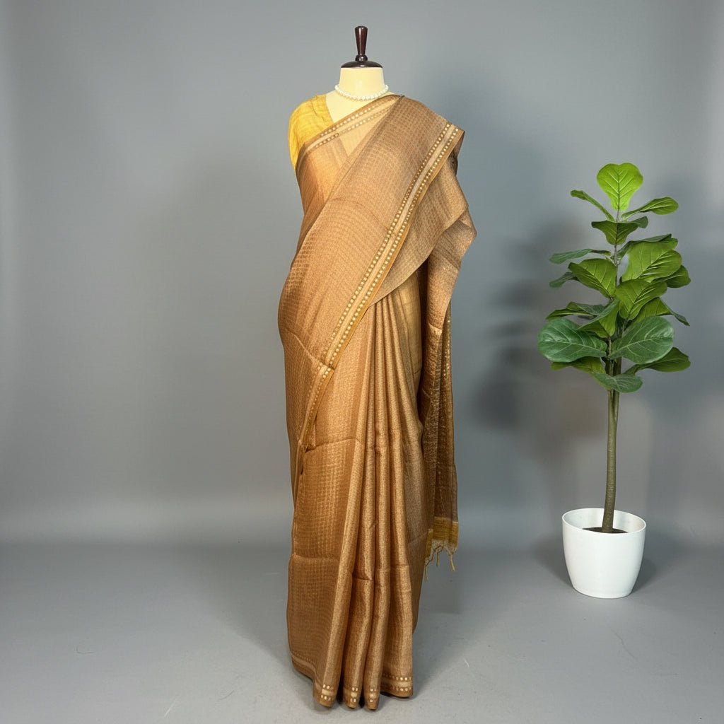 Chocolate Brown Pure Muslin Tissue Sequin Saree - Vini's Ethnic