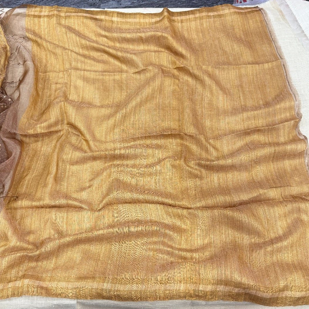 Chocolate Brown Pure Muslin Tissue Sequin Saree - Vini's Ethnic