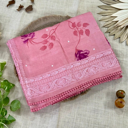 Coral Blush Chikankari Mirror Work Pure Tussar Saree - Vini's Ethnic