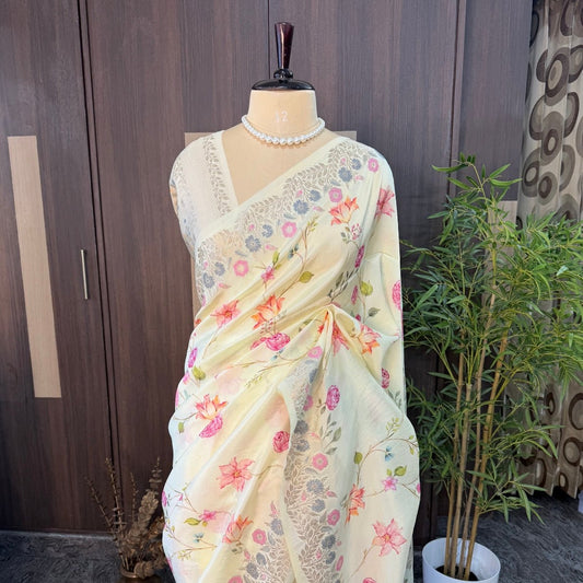 Cream Multicolour Floral Crepe Silk Saree - Vini's Ethnic