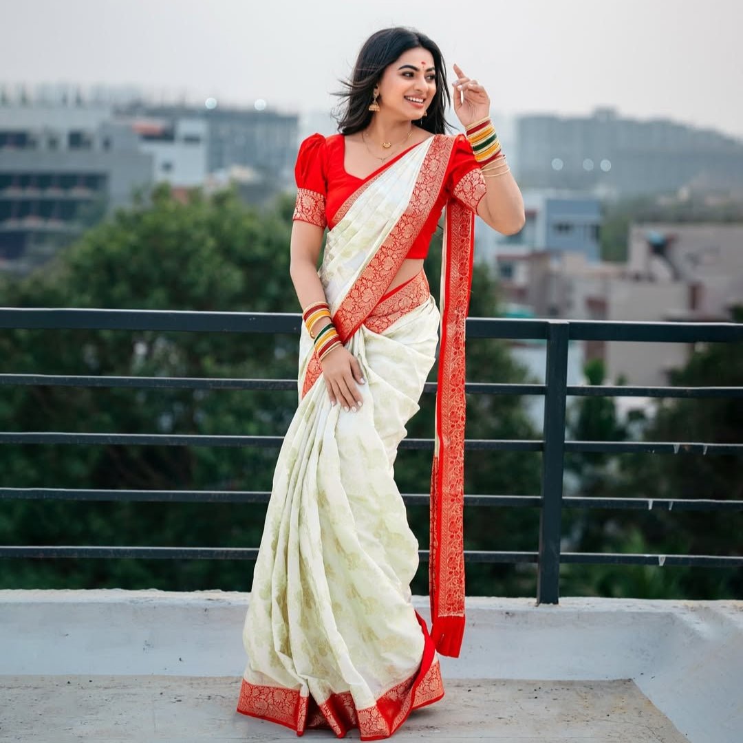 Cream Red Chanderi Silk Saree Delna - Vini's Ethnic