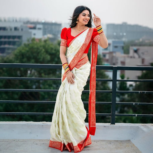 Cream Red Chanderi Silk Saree Delna - Vini's Ethnic