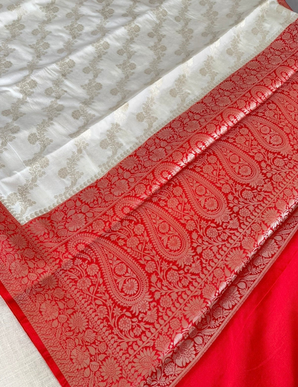 Cream Red Chanderi Silk Saree Delna - Vini's Ethnic