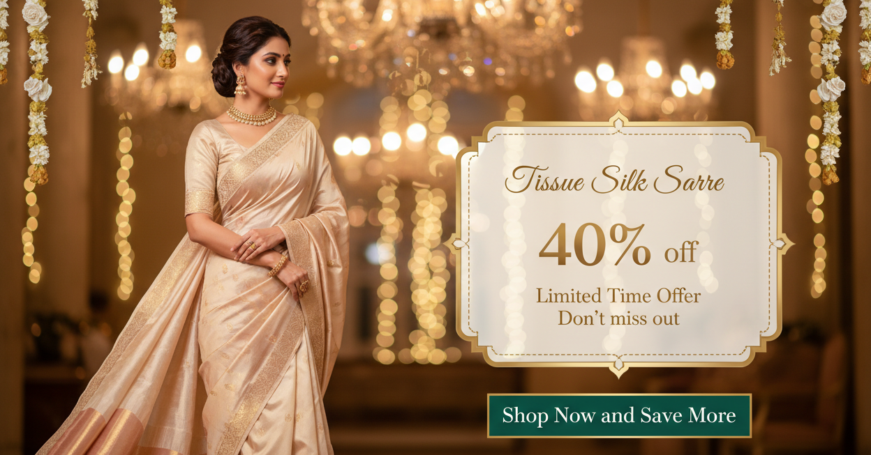create a rectangular banner of 300 x 250 px with the background of minimal flowers garlands and lights blurred luxury background and model wearing beautiful Tissue silk saree from Vini's Ethnnic slightly turning right side and in the right side in the beautiful designer box Tissue Silk Saree 40% off Limited Time offer Don't miss out Shop Now and Save More botton in Green
