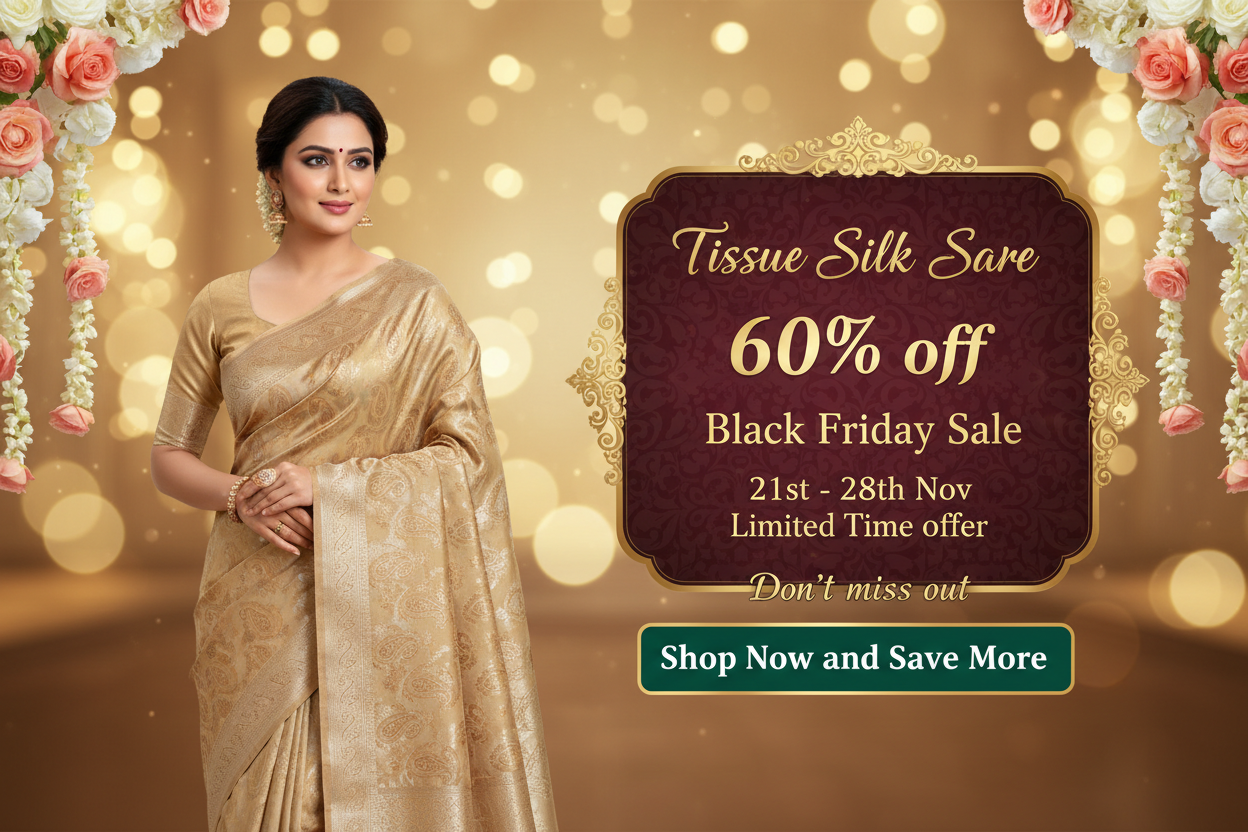 create a rectangular banner of 300 x 250 px with the background of minimal flowers garlands and lights blurred luxury background and model wearing beautiful Tissue silk saree from Vini's Ethnnic slightly turning right side and in the right side in the beautiful designer box Tissue Silk Saree 60% off  Black Friday Sale 21st - 28th Nov Limited Time offer Don't miss out Shop Now and Save More botton in Green