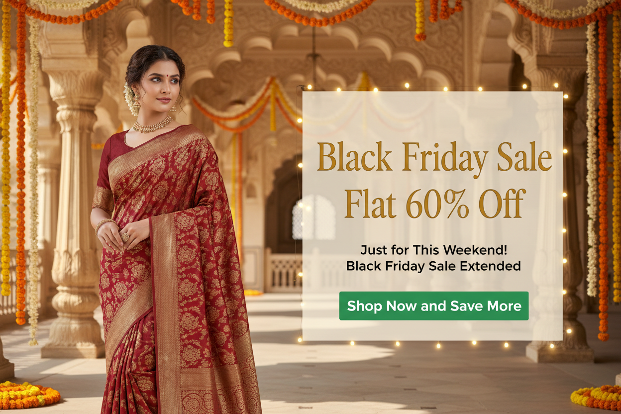 Create a rectangular Banner of size 1200 x 400 px with the background of traditional mahal inside with the luxury massive view with flower garlands with Blurred and a model with age 18 wearing vini's ethnic banarasi saree in Left side slightly turning right side and in the right Side we are having the offer written in a designer box in full Beige Color with LED blurred small lights Balck Friday Sale Flat 60% off Site "Just for This Weekend! Black Friday Sale extended" Shop Now and Save More Button in Green