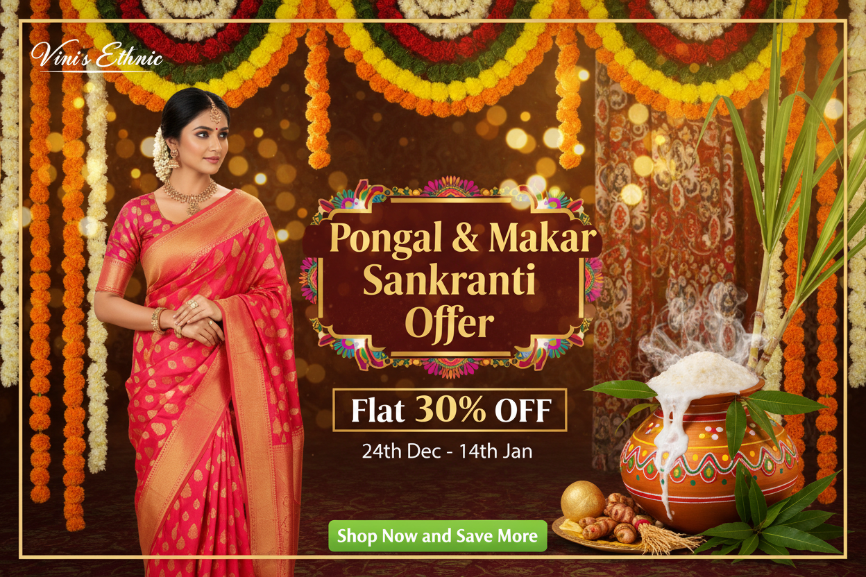 Create a rectangular Banner of size 300 x 200 px with the background of traditional background with the luxury massive view with flower garlands with Blurred and young model with wearing banarasi saree pink with orange saree in Left side slightly turning right side with Pongal pot in the right Side offer in a designer box in full Color with LED blurred small lights Pongal & Malar Sankranti Offer Flat 30% 24th Dec -14th Jan big font Shop Now and Save More Button in Green Vini's Ethnic