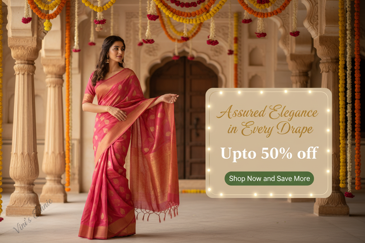 Create a rectangular Banner of size 300 x 200 px with the background of traditional mahal inside with the luxury massive view with flower garlands with Blurred and young model with wearing banarasi saree pink with orange khadi georgette saree in Left side slightly turning right side and in the right Side offer in a designer box in full Beige Color with LED blurred small lights Assured Elegance in Every Drape Upto 50% off Shop Now and Save More Button in Green Vini's Ethnic watermark 
