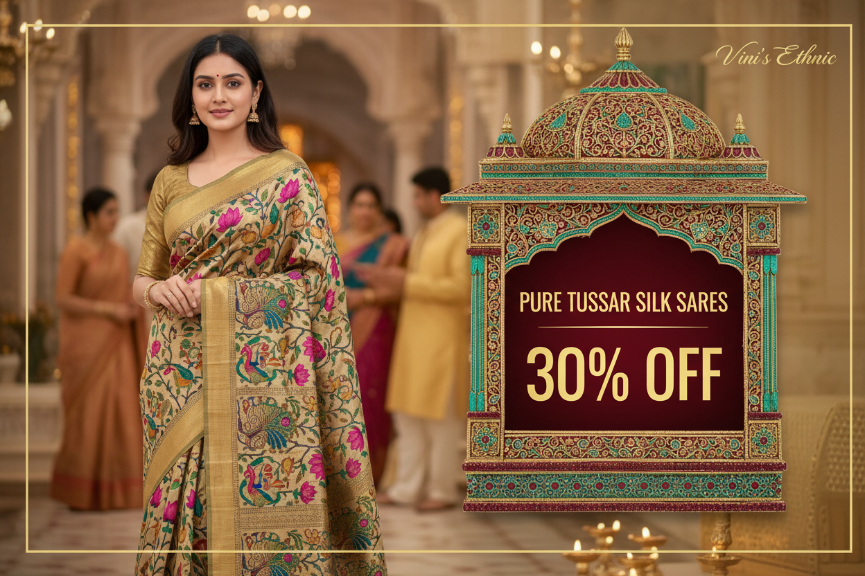 create a small rectangular banner of size 300x 250 px for Pure Tussar Silk Sarees 30% off in Bold with offer small designer mahal box in right side and a young lean model wearing a pure tussar silk saree with Pichwai pattern the background of Wedding function or a temple visit blurry background Vini's Ethnic watermark in upper corner 