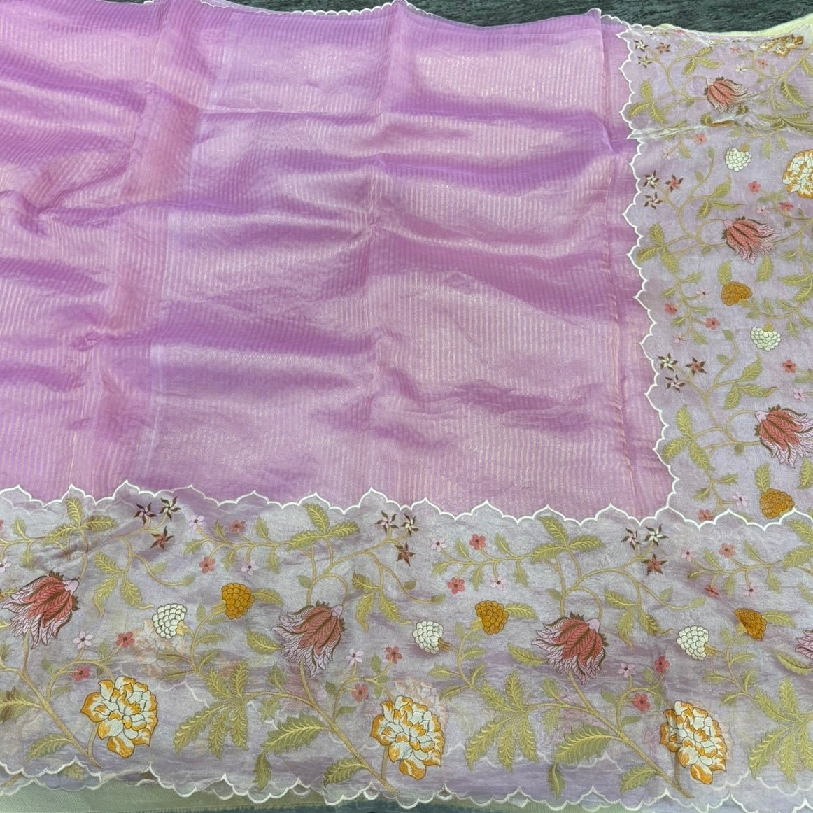 Dreamy Lilac Pure Tissue Embroidery Silk Saree - Vini's Ethnic