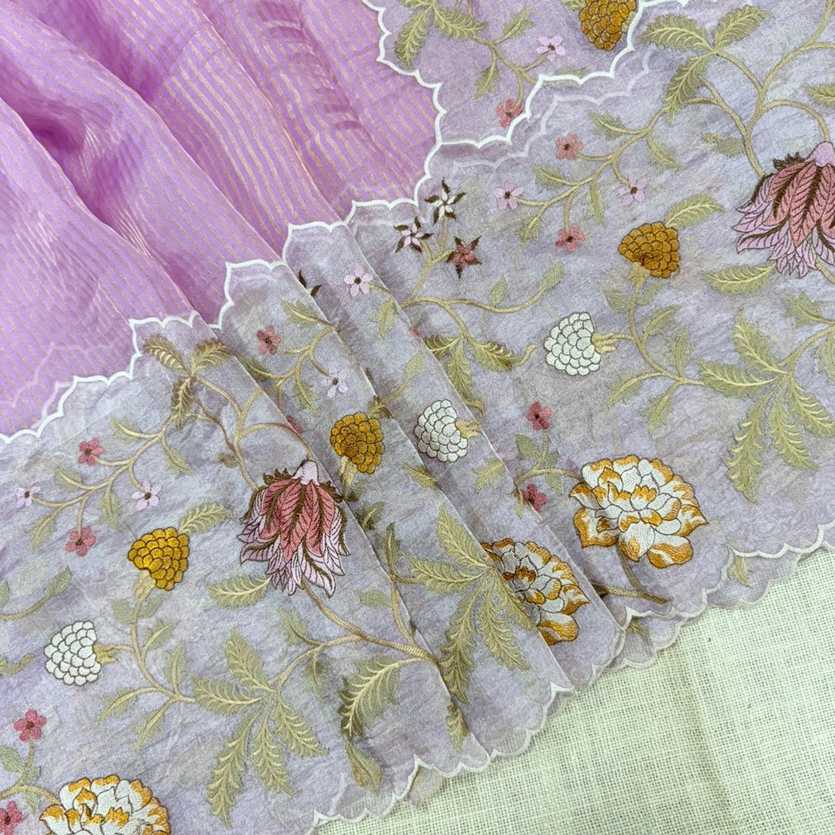Dreamy Lilac Pure Tissue Embroidery Silk Saree - Vini's Ethnic