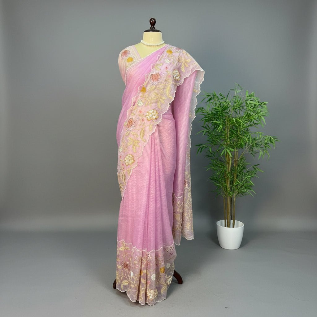 Dreamy Lilac Pure Tissue Embroidery Silk Saree - Vini's Ethnic