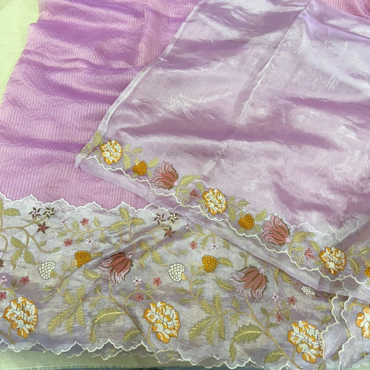 Dreamy Lilac Pure Tissue Embroidery Silk Saree - Vini's Ethnic