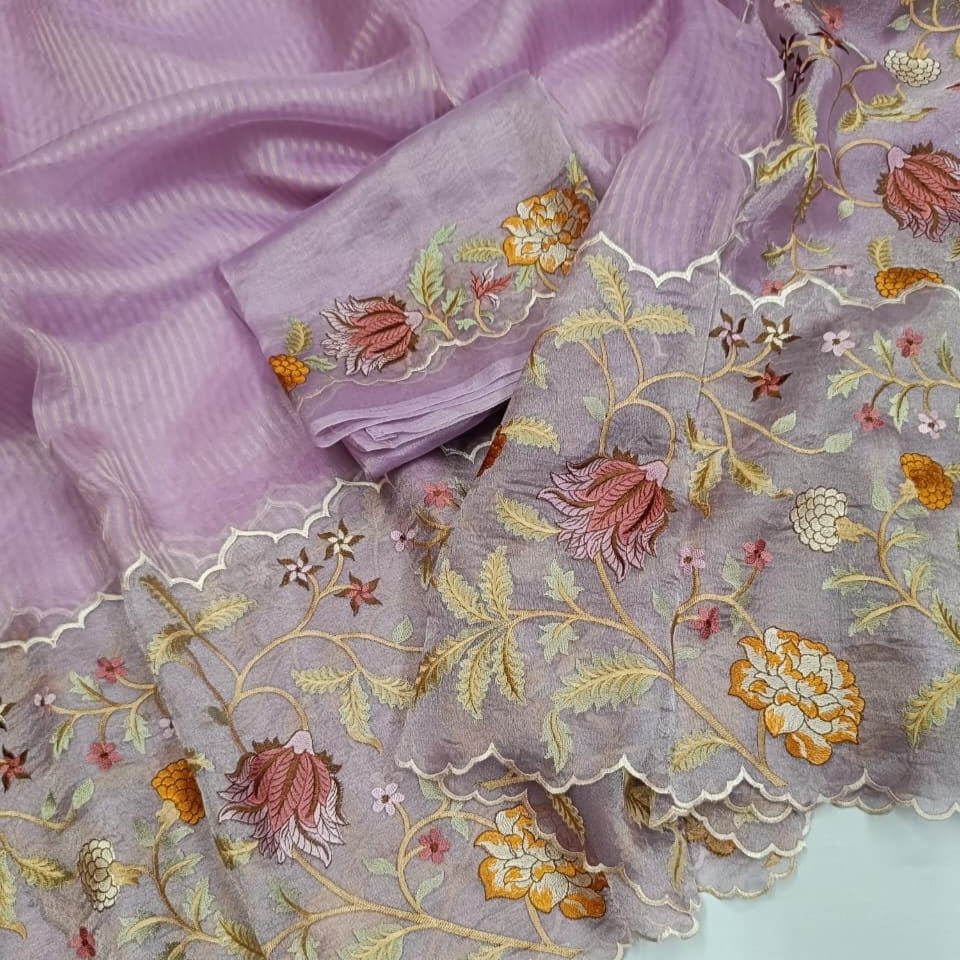 Dreamy Lilac Pure Tissue Embroidery Silk Saree - Vini's Ethnic