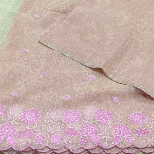 Dusty Blush Pink Floral Embroidery Tissue Linen Saree - Vini's Ethnic