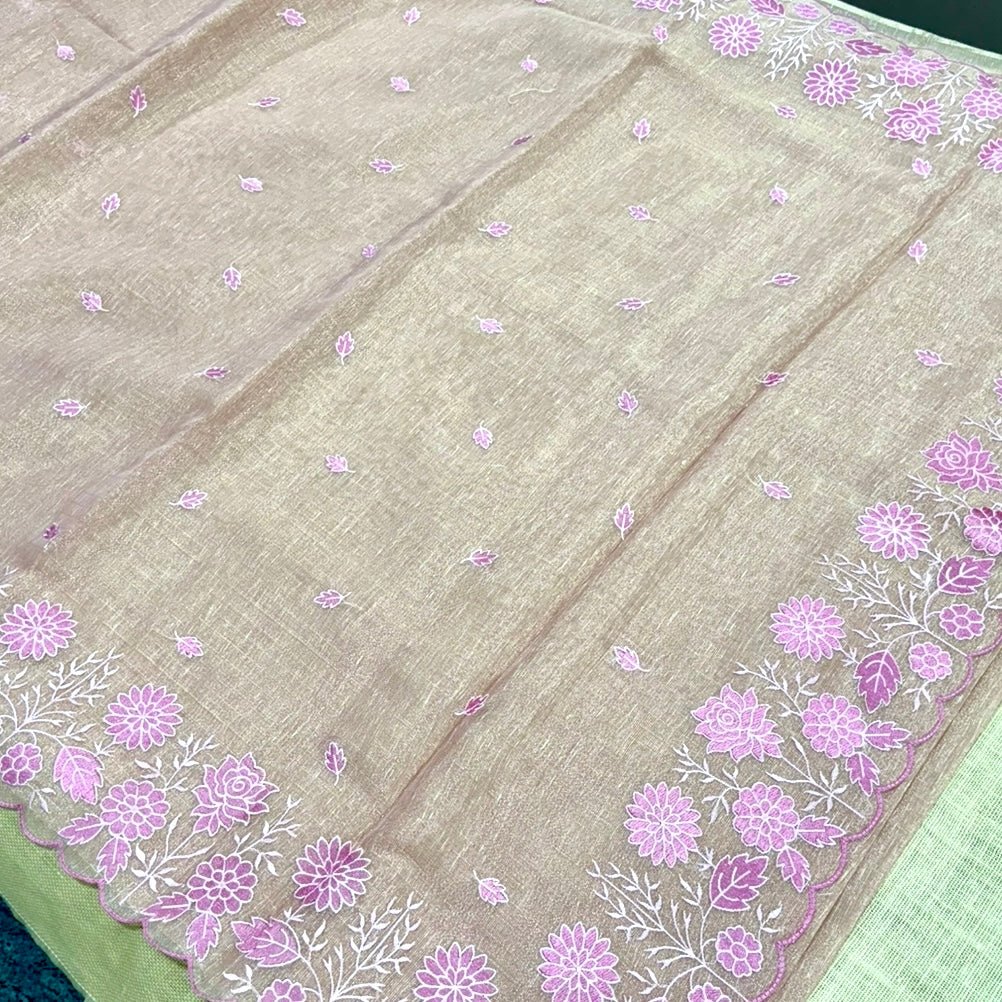 Dusty Blush Pink Floral Embroidery Tissue Linen Saree - Vini's Ethnic