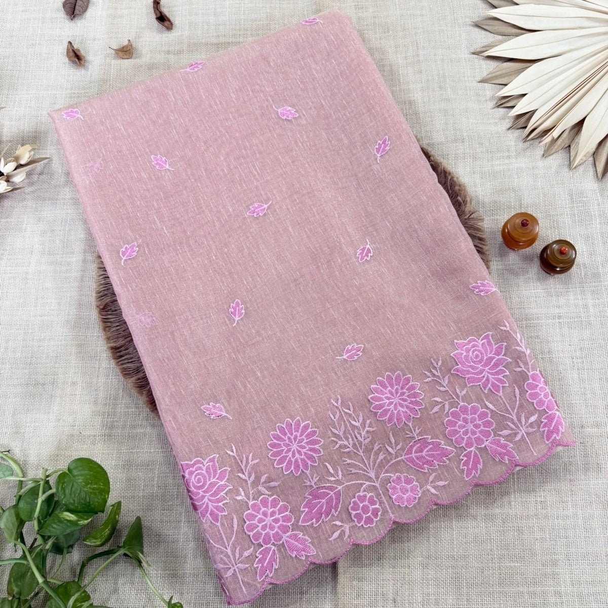 Dusty Blush Pink Floral Embroidery Tissue Linen Saree - Vini's Ethnic