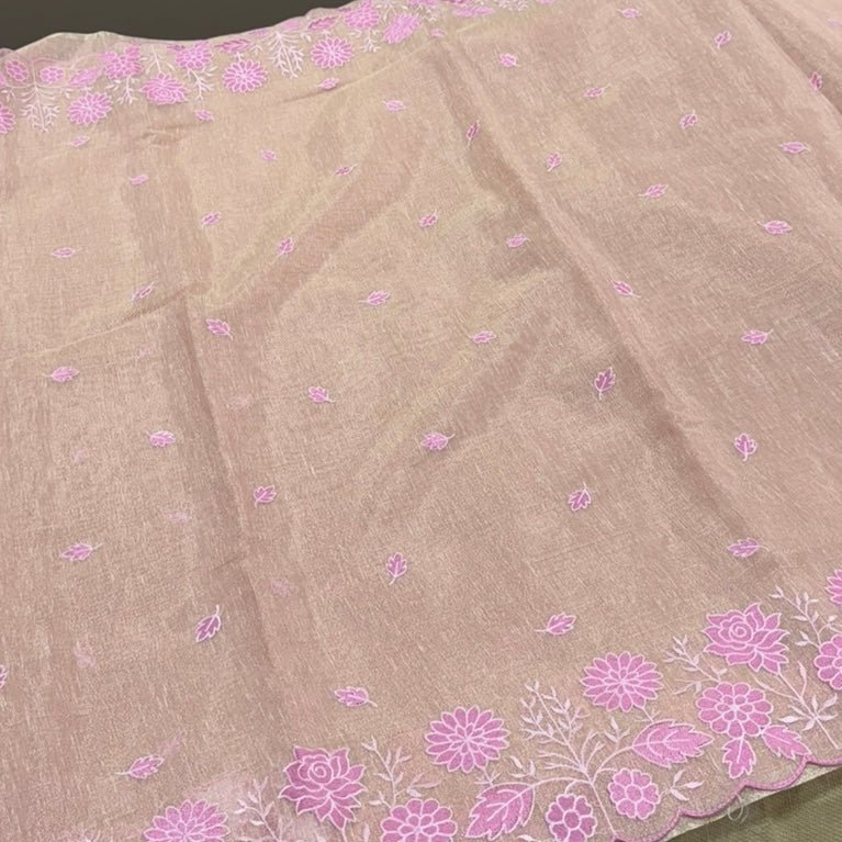 Dusty Blush Pink Floral Embroidery Tissue Linen Saree - Vini's Ethnic
