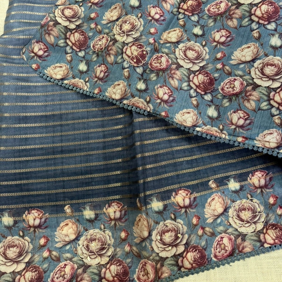 Dusty Denim Floral Fancy Saree - Vini's Ethnic