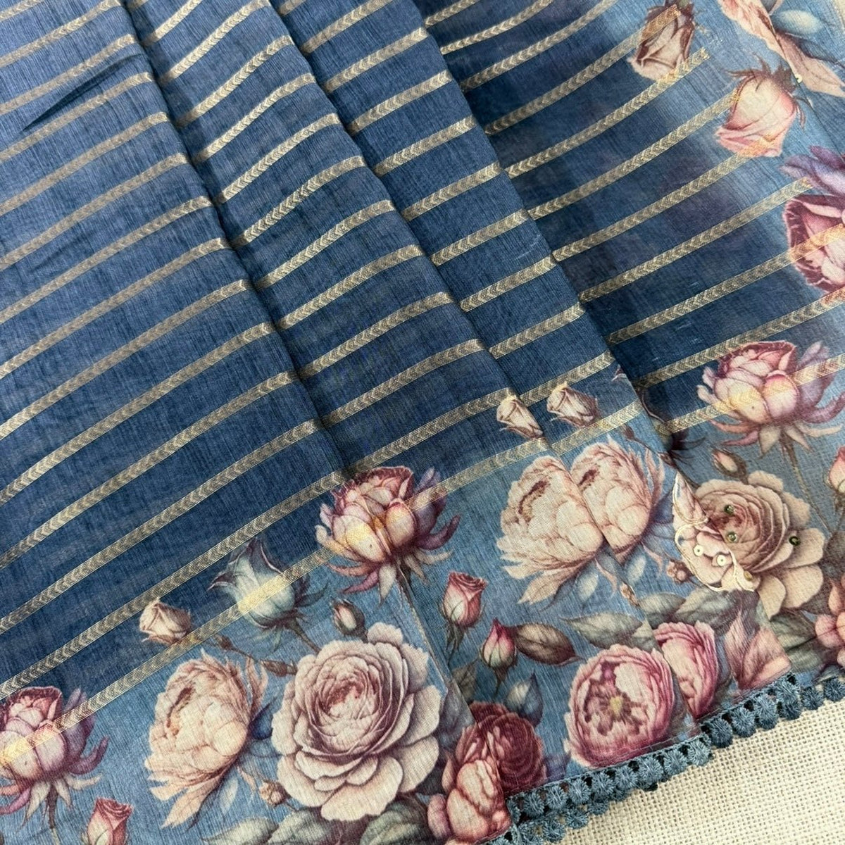 Dusty Denim Floral Fancy Saree - Vini's Ethnic