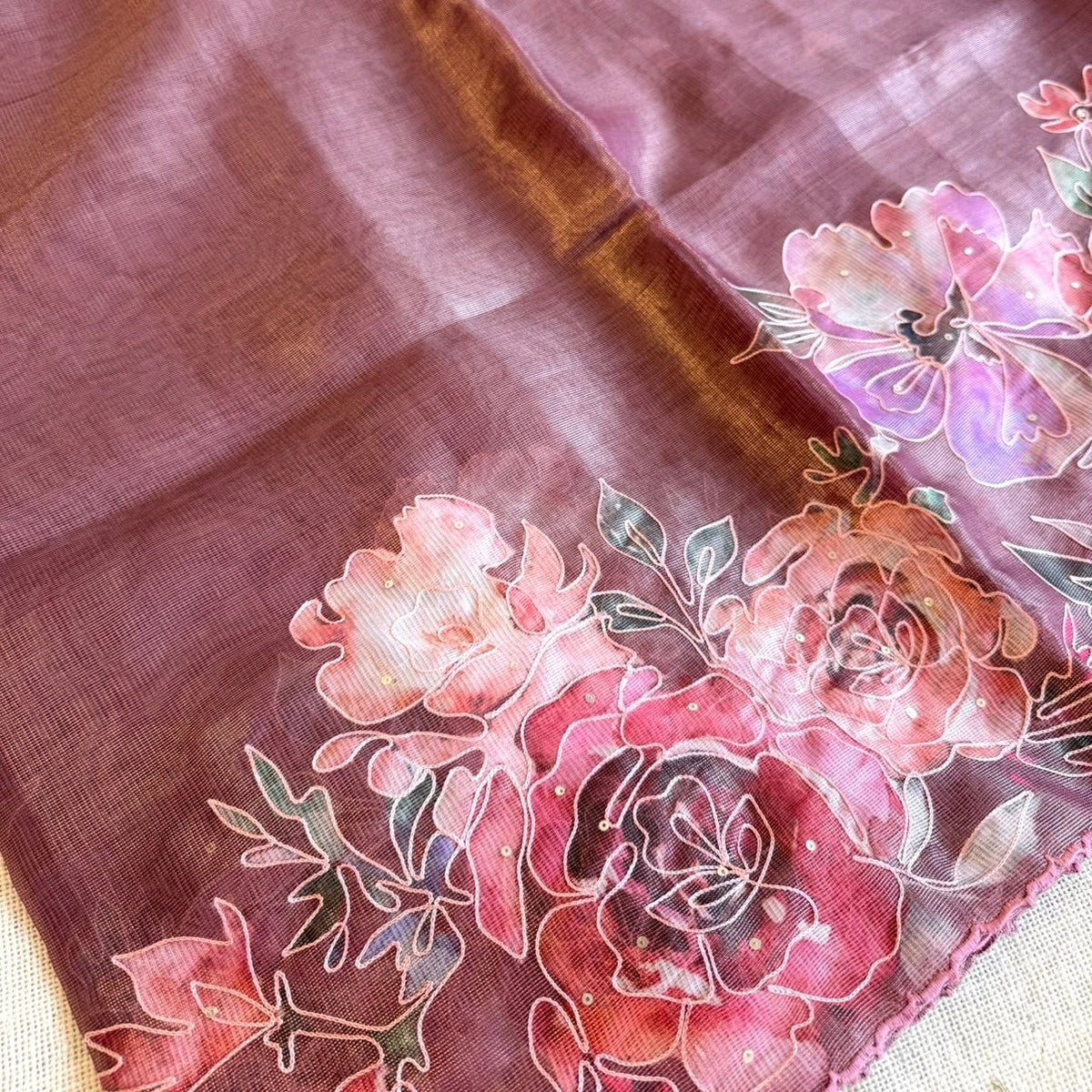 Dusty Mauve Floral Tissue Embroidery Fancy Tussar Saree - Vini's Ethnic