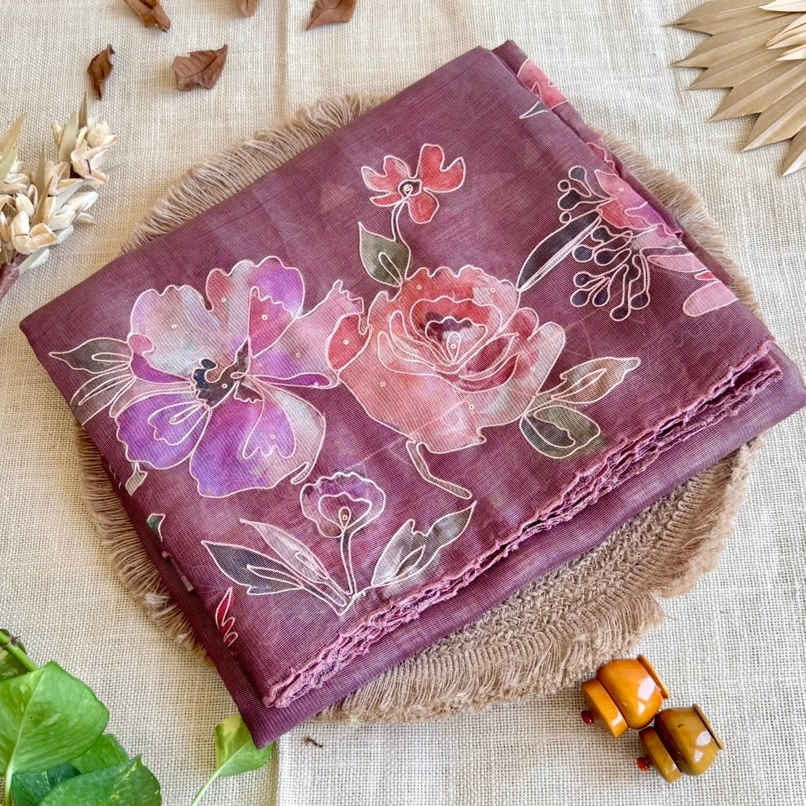 Dusty Mauve Floral Tissue Embroidery Fancy Tussar Saree - Vini's Ethnic
