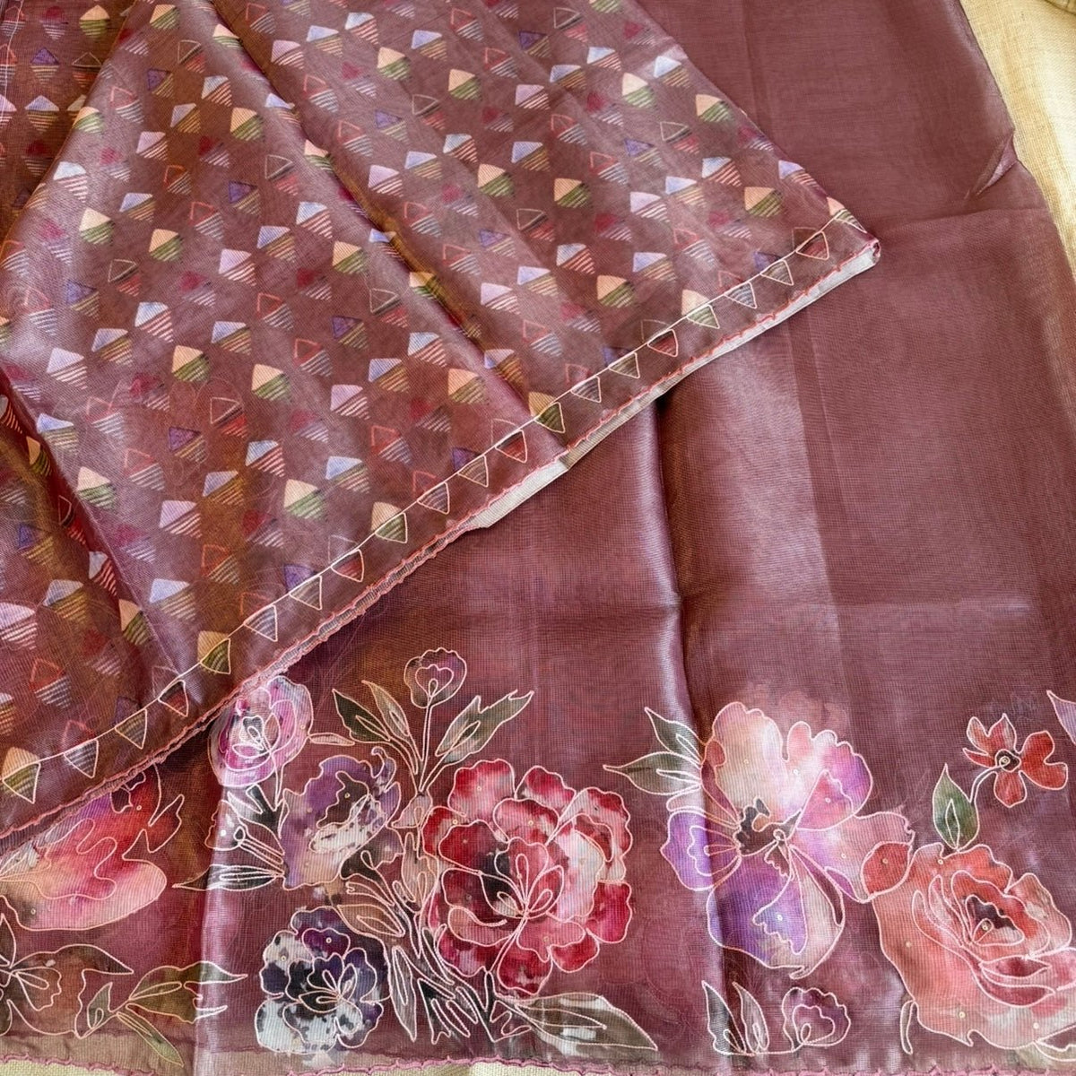 Dusty Mauve Floral Tissue Embroidery Fancy Tussar Saree - Vini's Ethnic