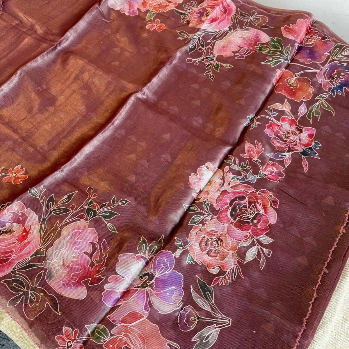 Dusty Mauve Floral Tissue Embroidery Fancy Tussar Saree - Vini's Ethnic