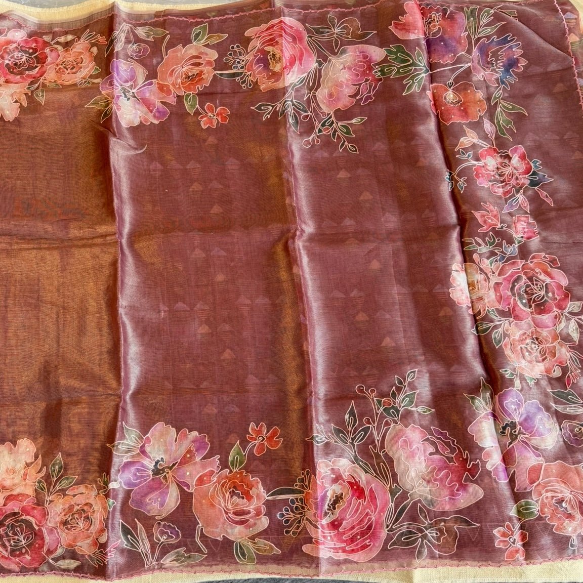Dusty Mauve Floral Tissue Embroidery Fancy Tussar Saree - Vini's Ethnic
