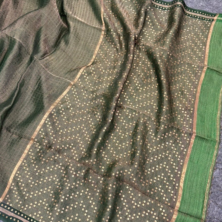 Emerald Green Pure Muslin Tissue Sequin Saree - Vini's Ethnic