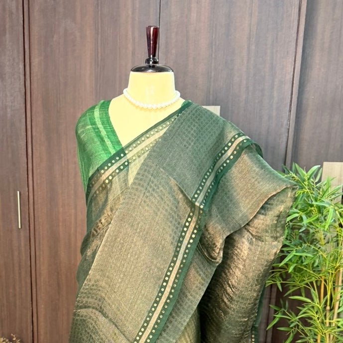 Emerald Green Pure Muslin Tissue Sequin Saree - Vini's Ethnic
