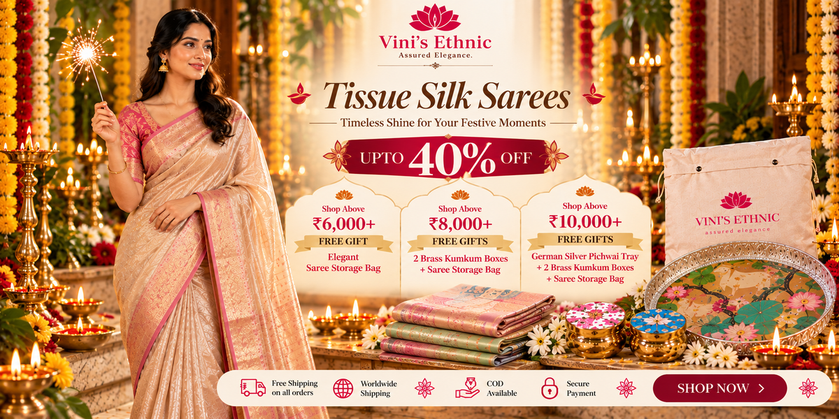 Tissue silk sarees with rich shimmer for festive occasions – Vini's Ethnic