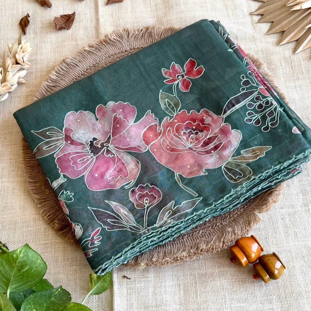 Forest Green Floral Semi Tussar Saree - Vini's Ethnic
