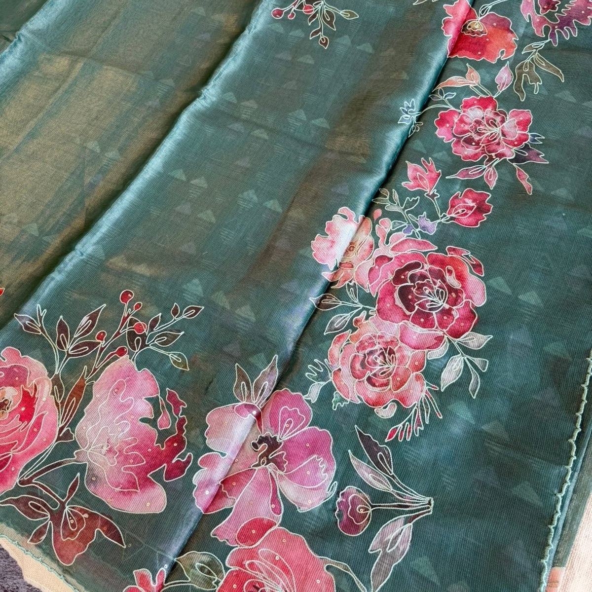 Forest Green Floral Semi Tussar Saree - Vini's Ethnic