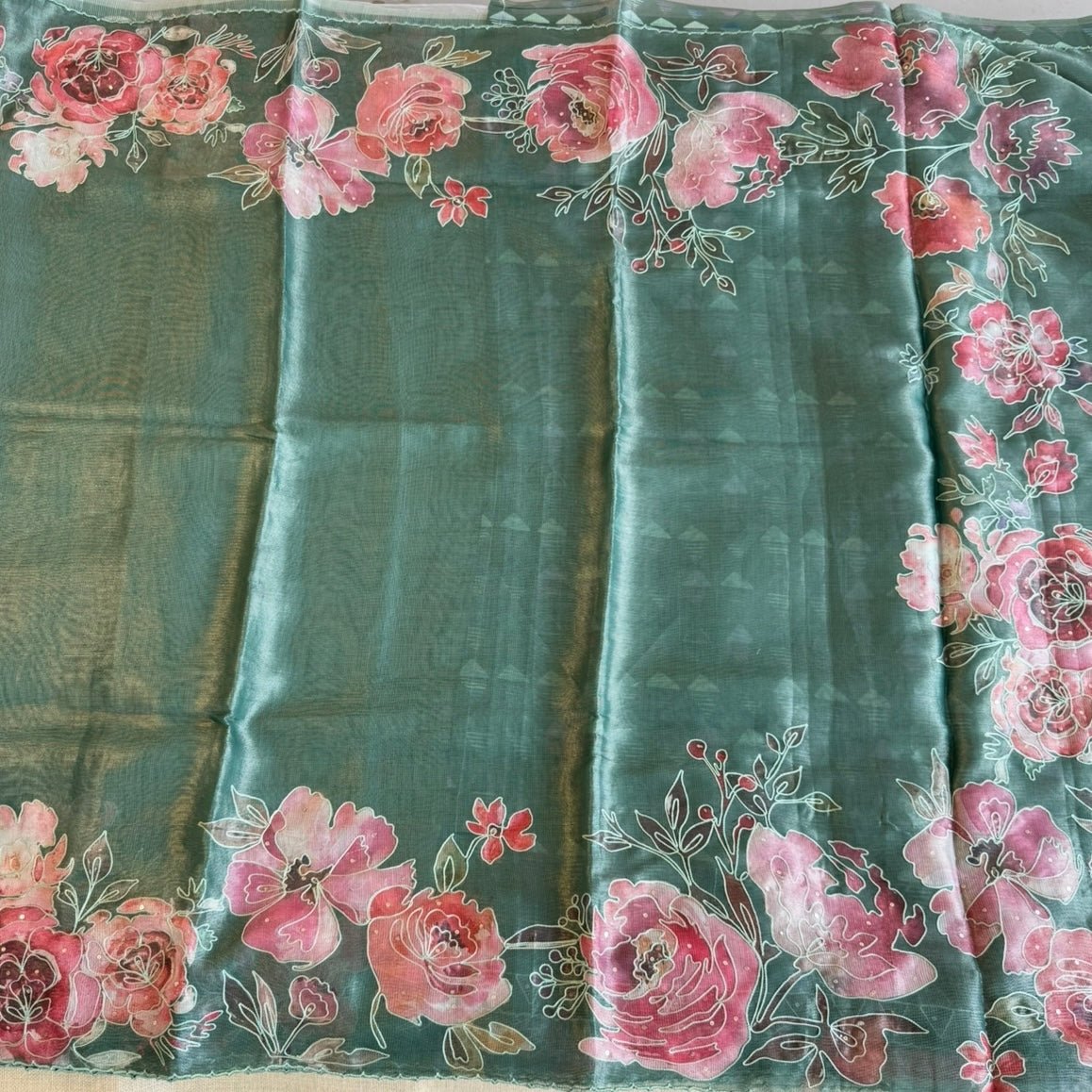 Forest Green Floral Semi Tussar Saree - Vini's Ethnic