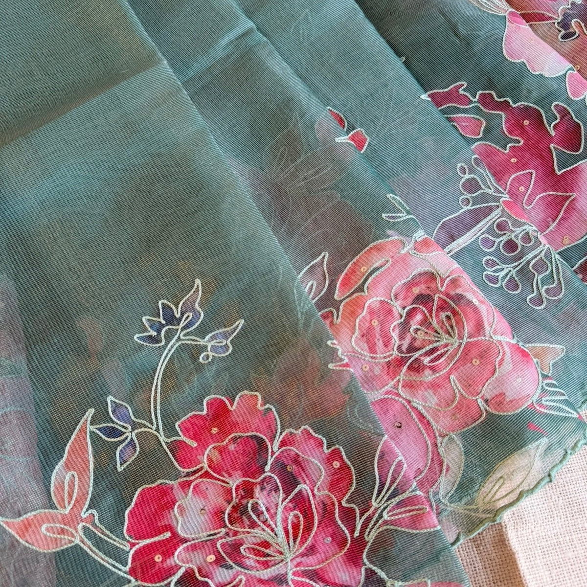 Forest Green Floral Semi Tussar Saree - Vini's Ethnic