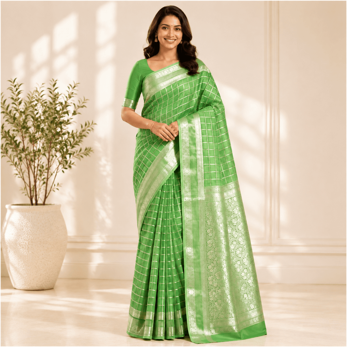 Green Checked Raw Silk Saree - Vini's Ethnic