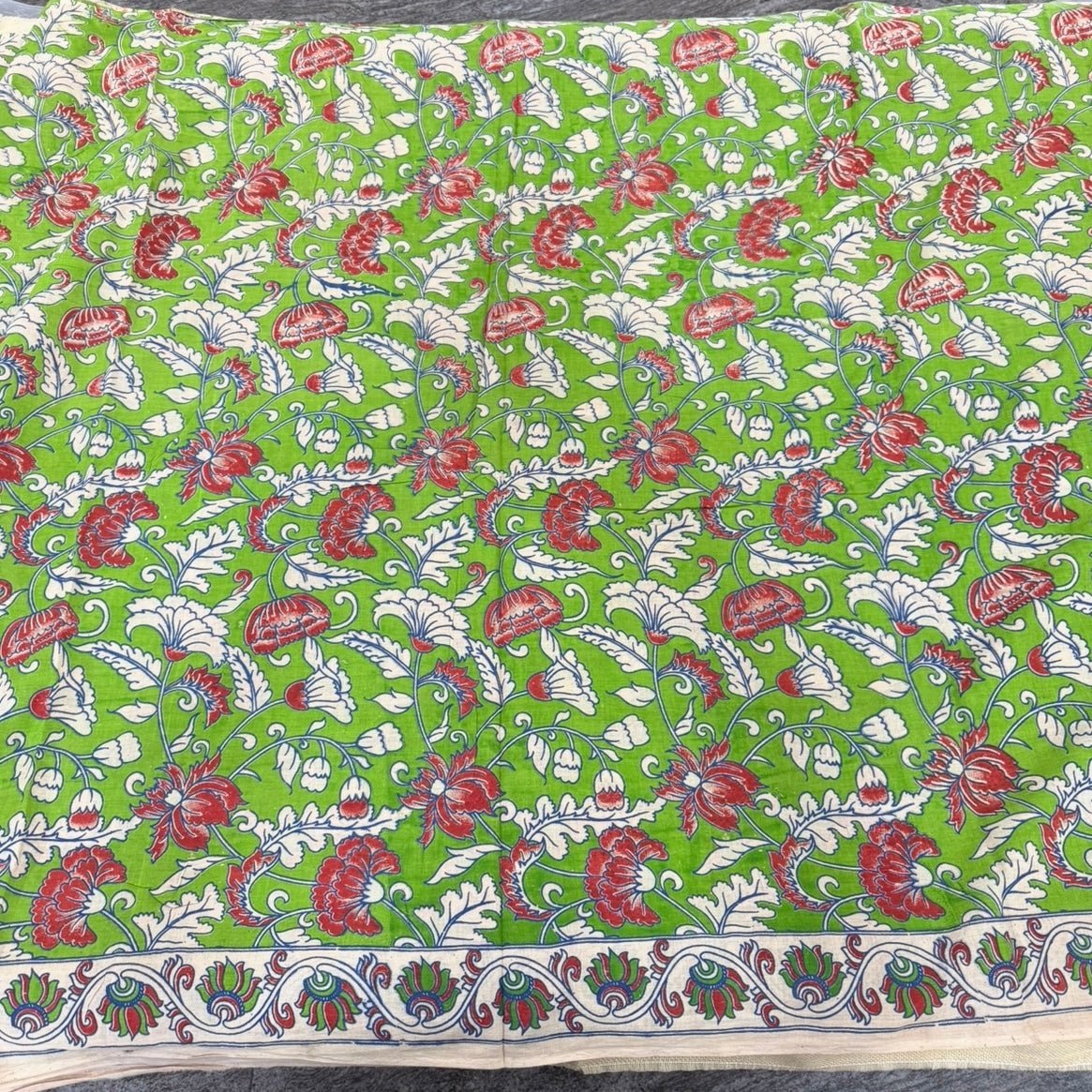 Green Floral Kalamkari Cotton Saree - Vini's Ethnic