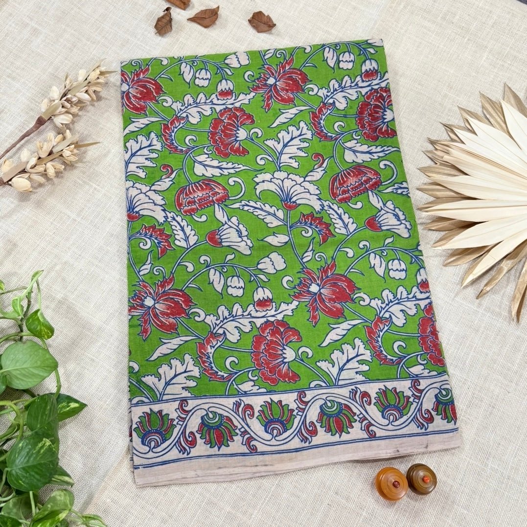 Green Floral Kalamkari Cotton Saree - Vini's Ethnic