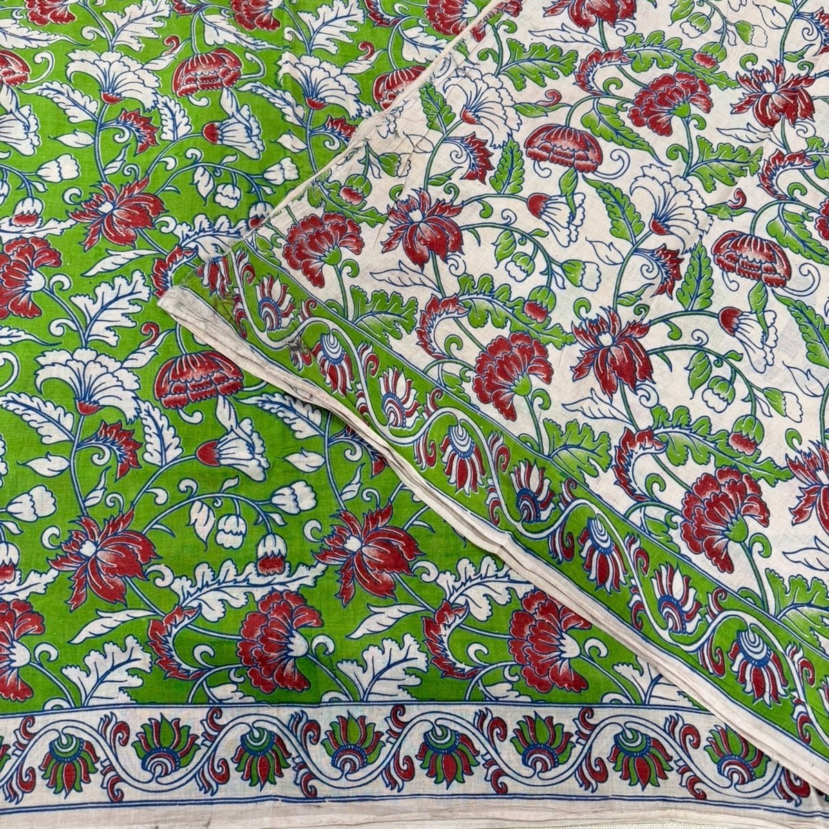 Green Floral Kalamkari Cotton Saree - Vini's Ethnic