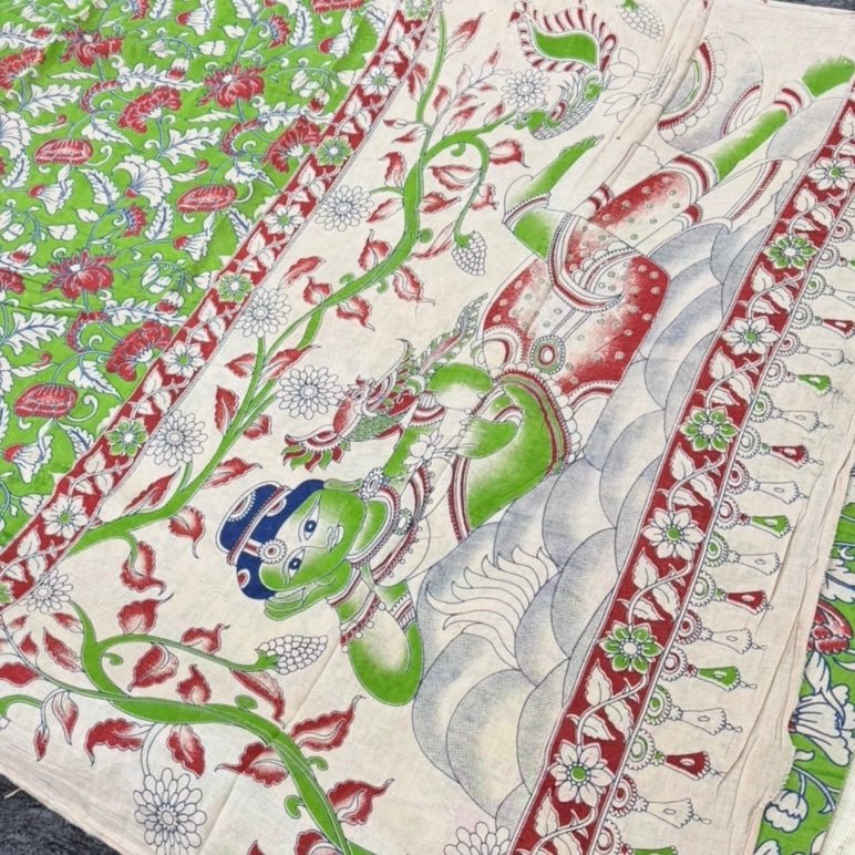 Green Floral Kalamkari Cotton Saree - Vini's Ethnic