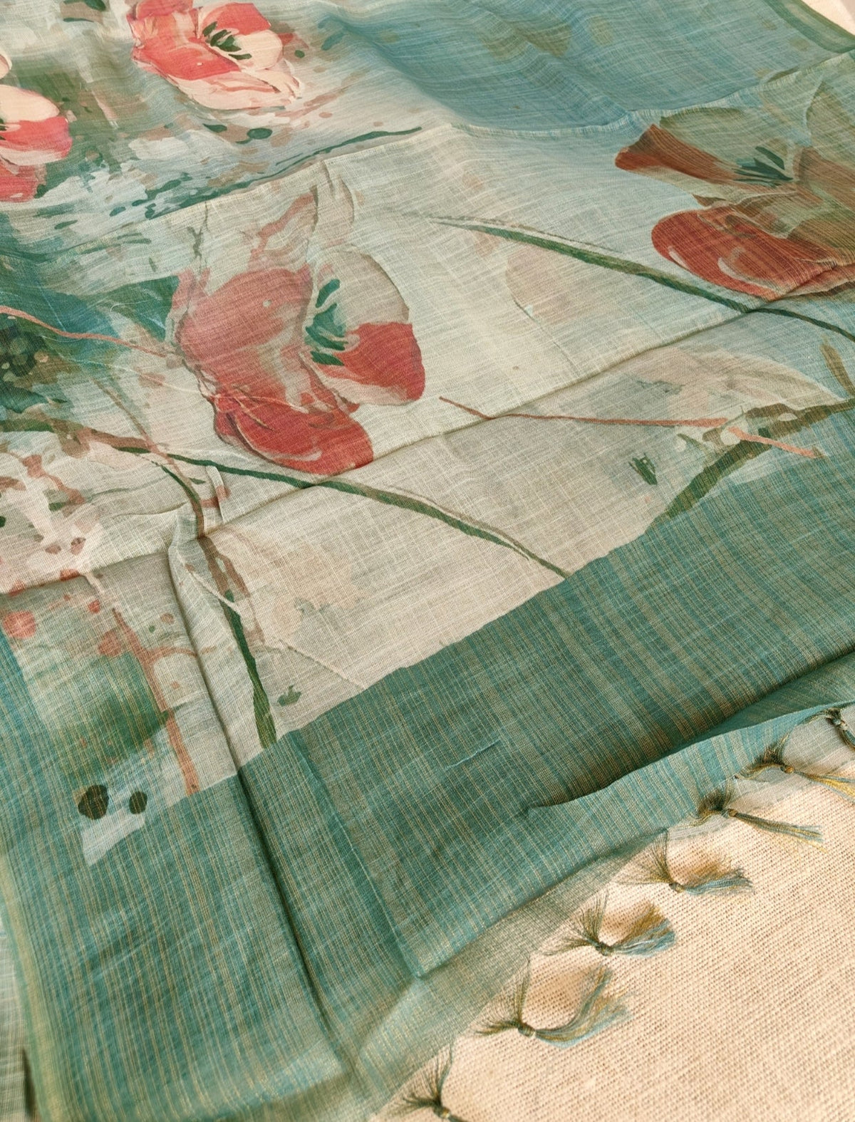 Green Floral Tissue Linen Saree - Vini's Ethnic