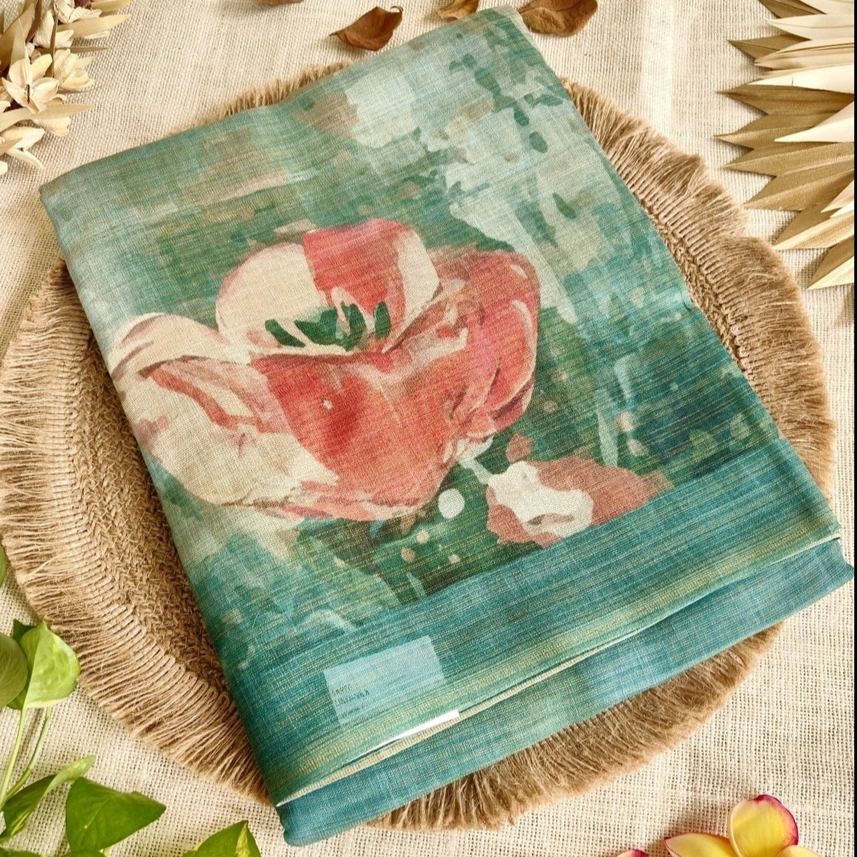 Green Floral Tissue Linen Saree - Vini's Ethnic