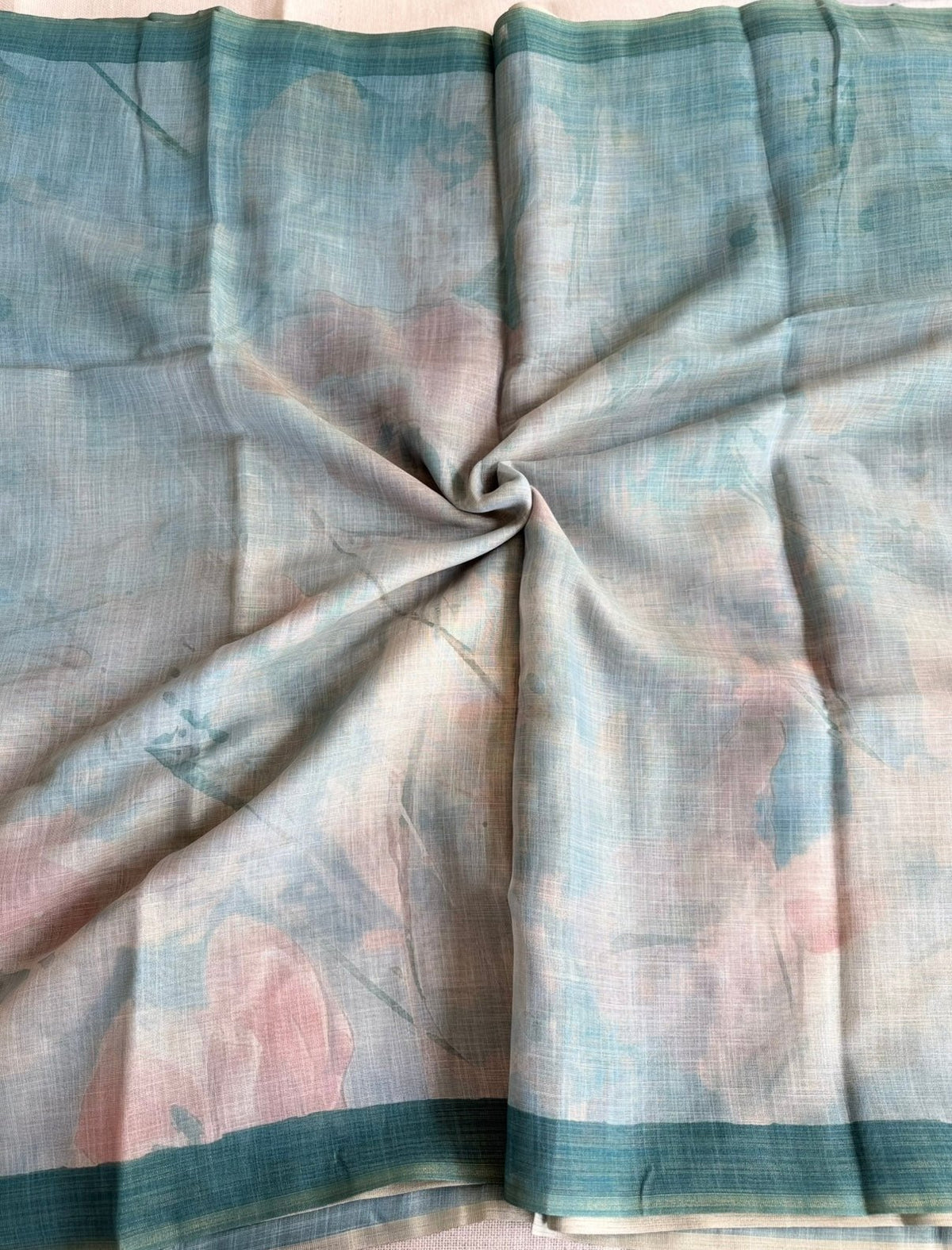 Green Floral Tissue Linen Saree - Vini's Ethnic