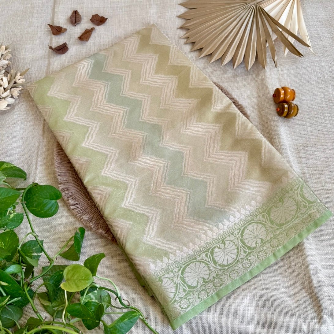 Green Zigzag Shimmer Tissue Silk Saree - Vini's Ethnic