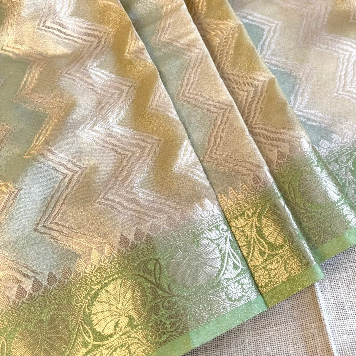 Green Zigzag Shimmer Tissue Silk Saree - Vini's Ethnic