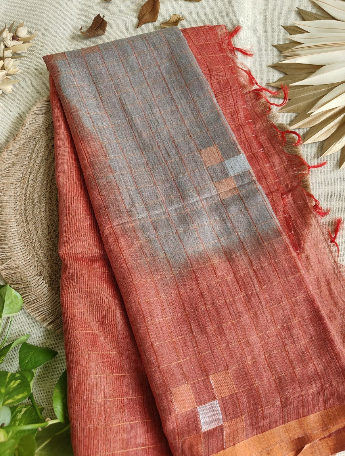 Grey with Orange Baswara Saree - Vini's Ethnic